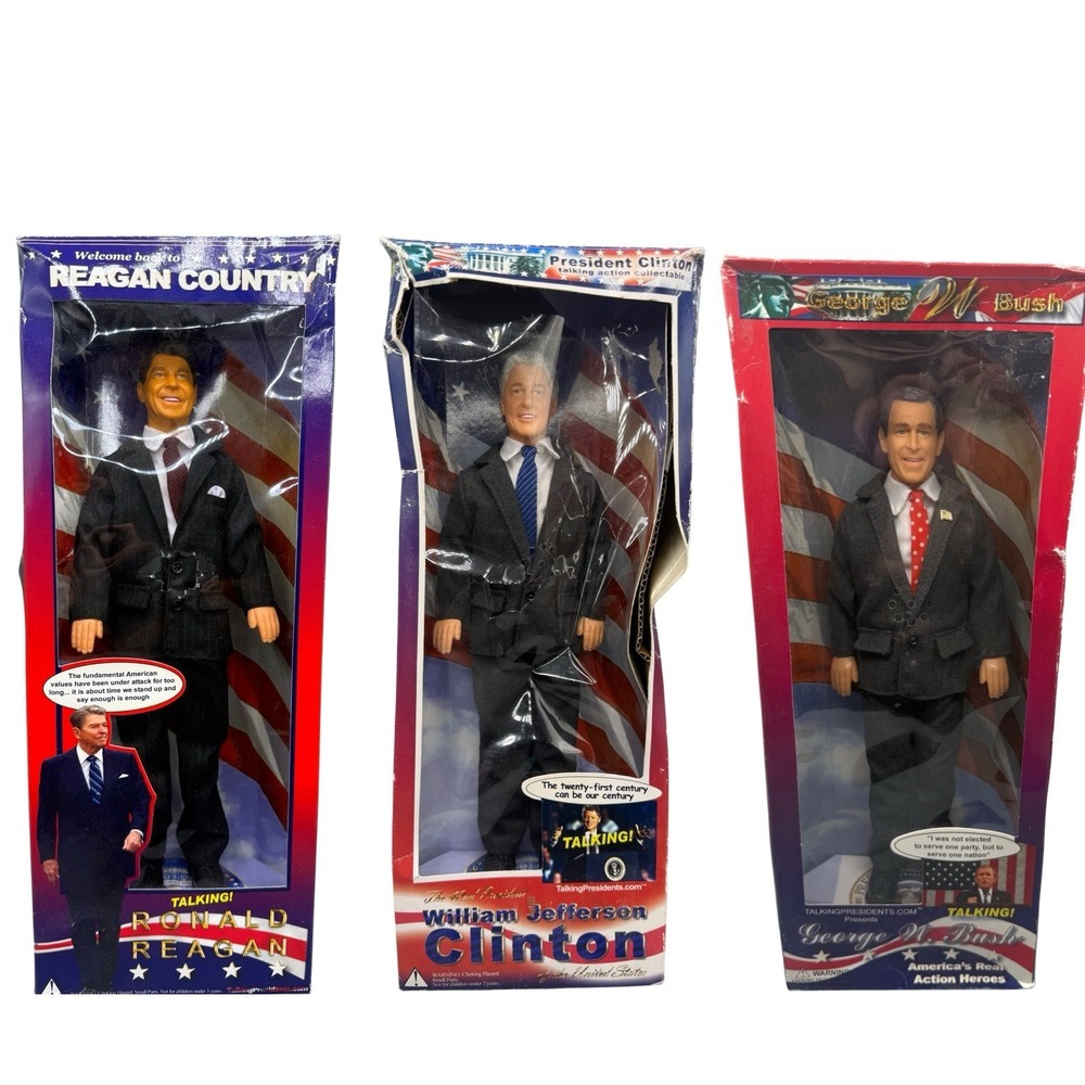 Vtg Lot Of 3 Talking President Bill Clinton Bush Reagan Action Figure Doll Box
